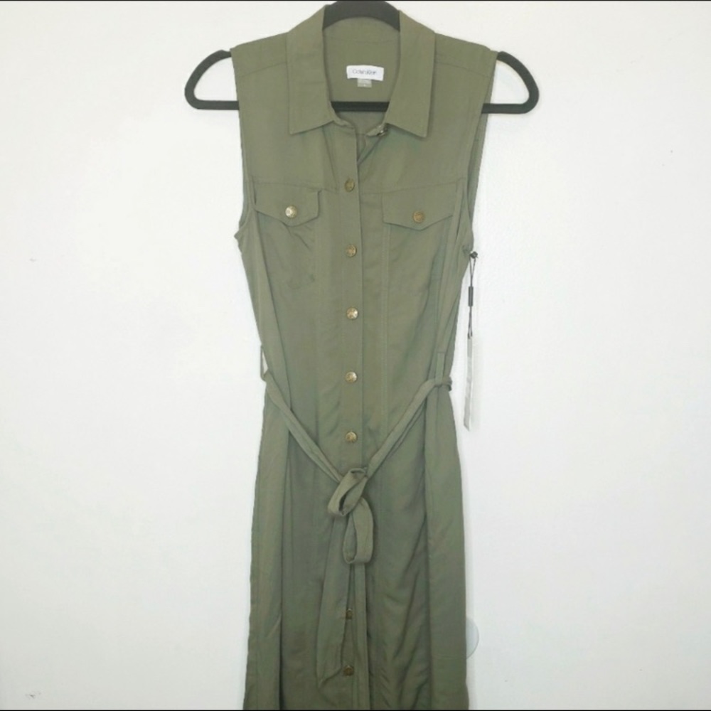 NWT Calvin Klein Collar Button Down Olive Dress
